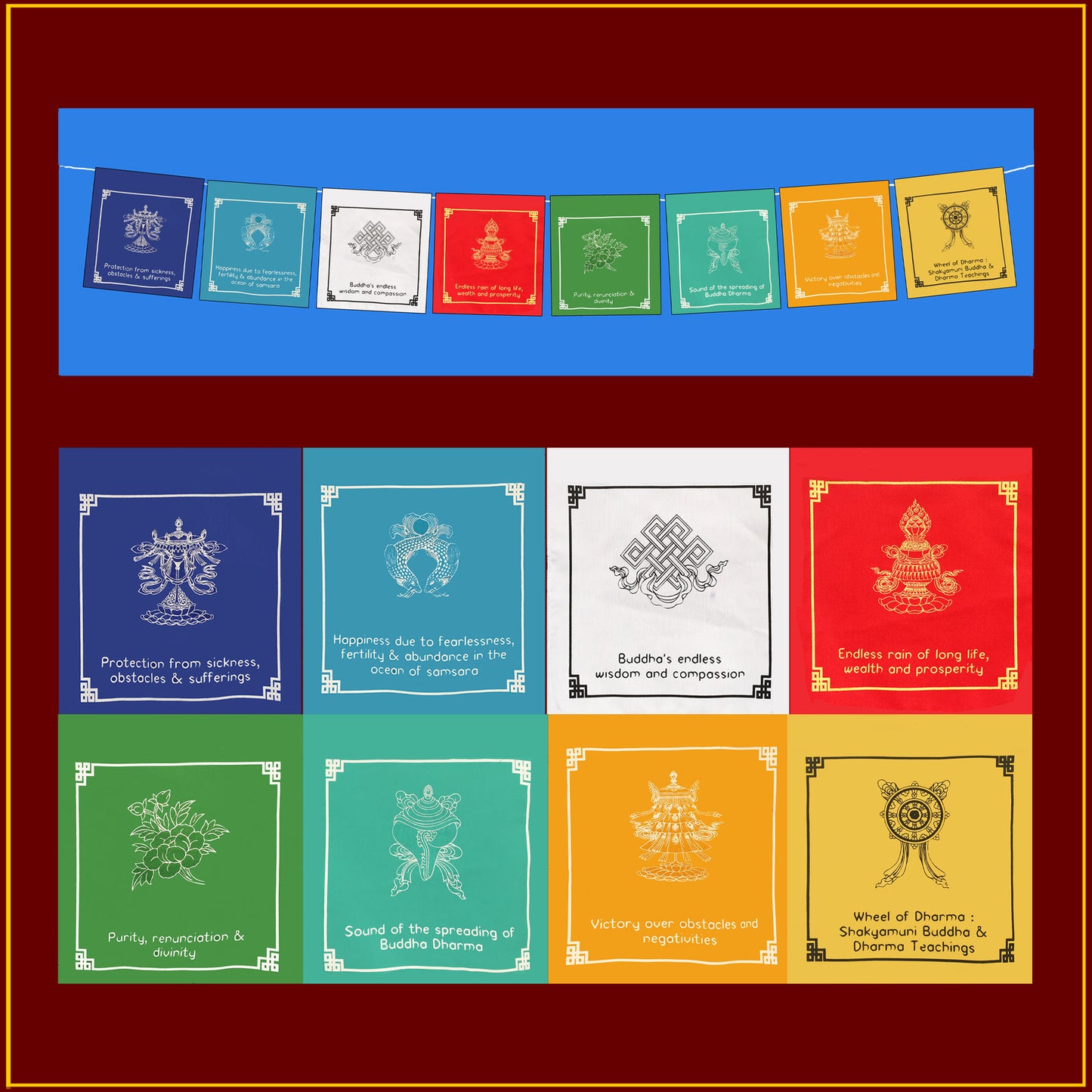 The 8 Auspicious Symbols - Set of 8 on rope (6'-2")