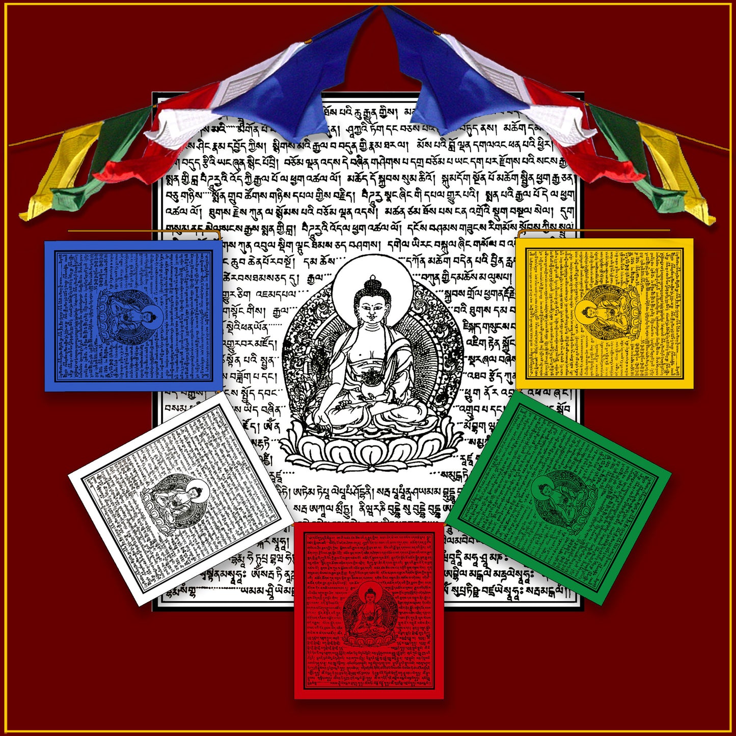 Medicine Buddha Prayer Flags - 5 flags on rope (6 ft. long)